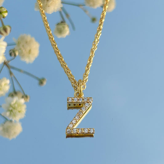 A-Z Alphabet Initial chain necklace with zircon gemstones in gold plated Brass