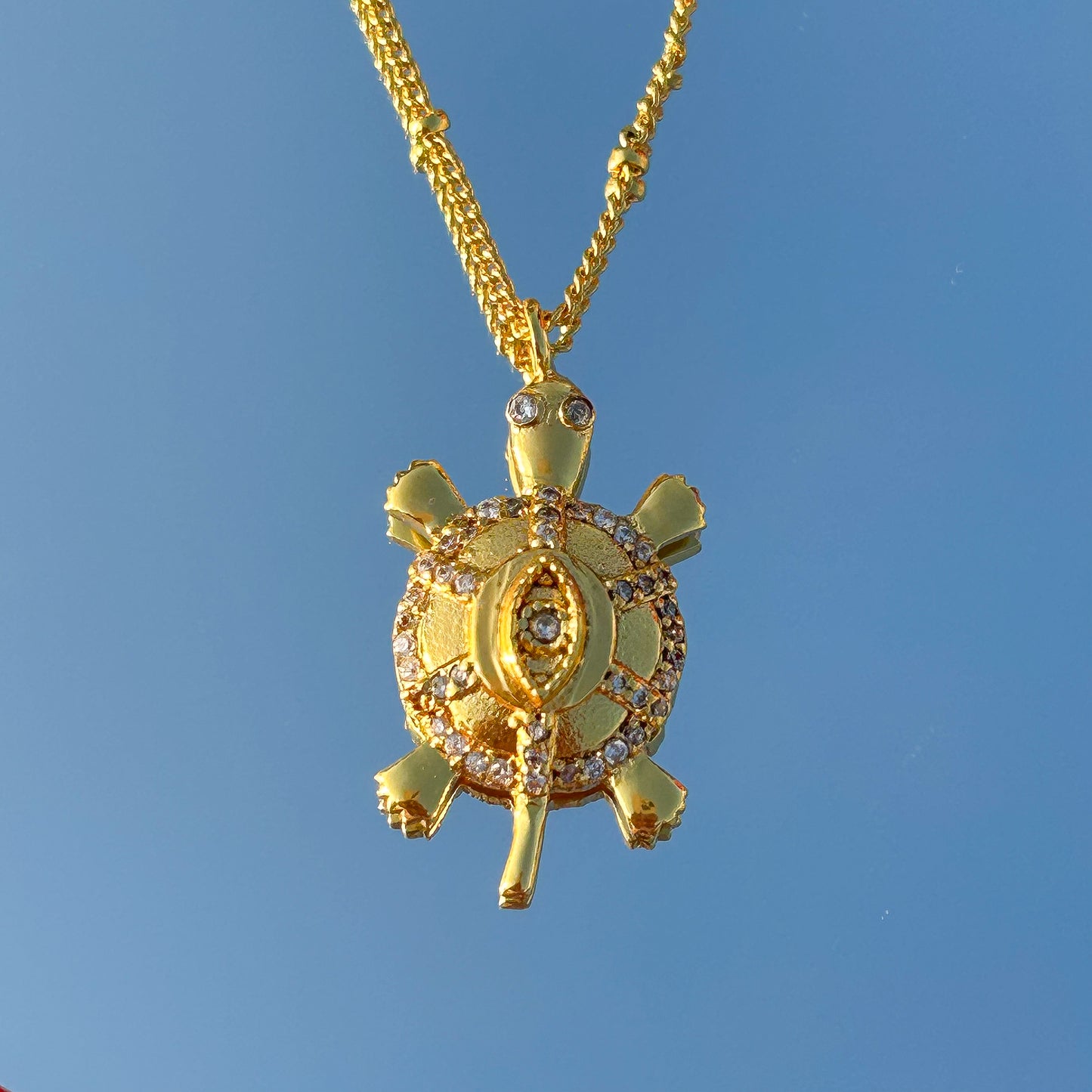 Evil Eye Turtle charm ball chain necklace with zircon gemstones in gold plated Brass