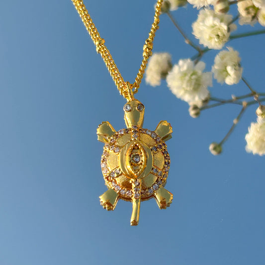 Evil Eye Turtle charm ball chain necklace with zircon gemstones in gold plated Brass
