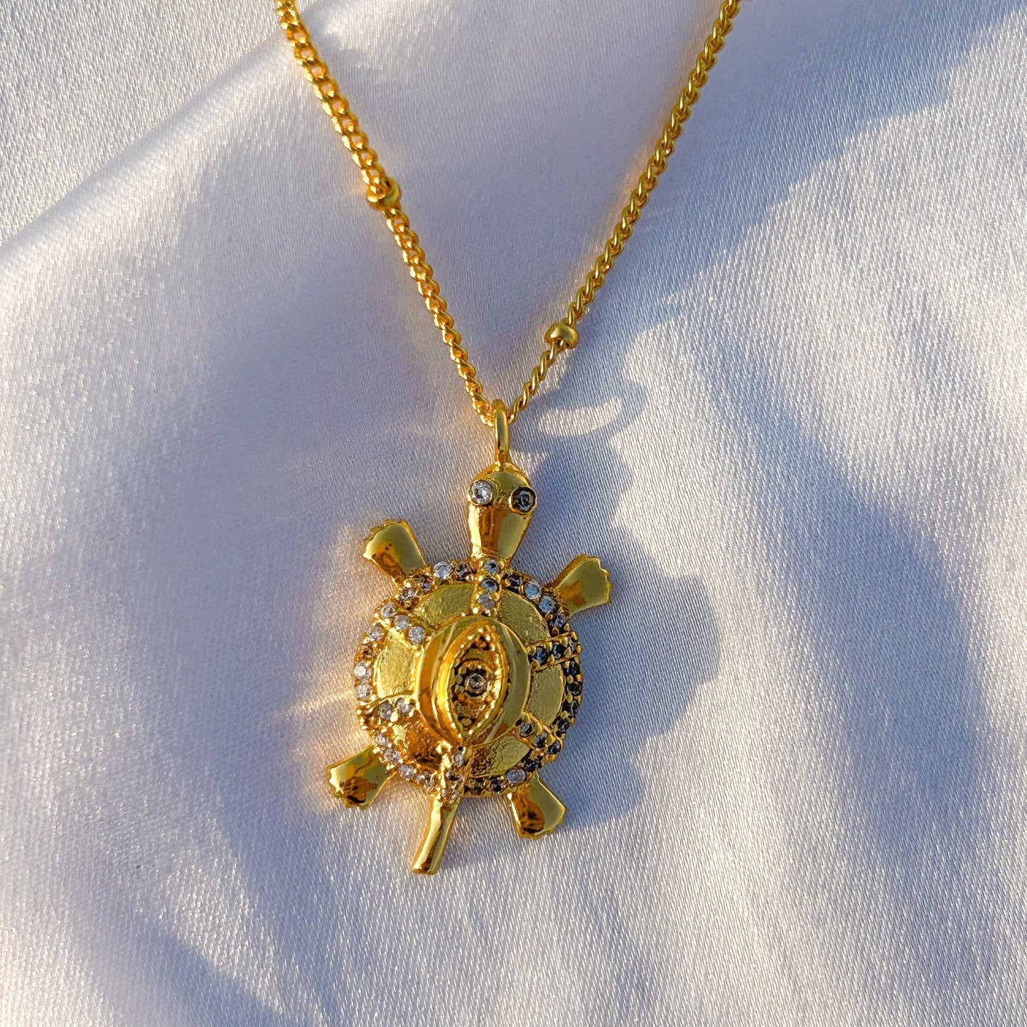 Evil Eye Turtle charm ball chain necklace with zircon gemstones in gold plated Brass