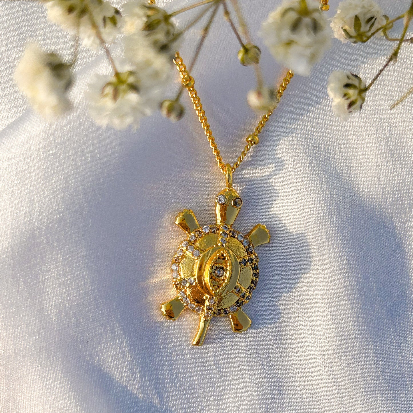Evil Eye Turtle charm ball chain necklace with zircon gemstones in gold plated Brass