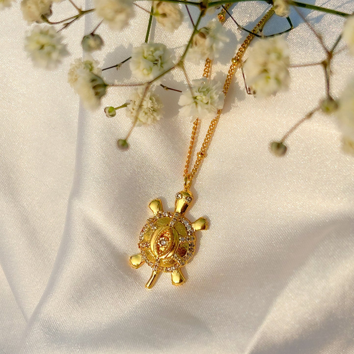 Evil Eye Turtle charm ball chain necklace with zircon gemstones in gold plated Brass