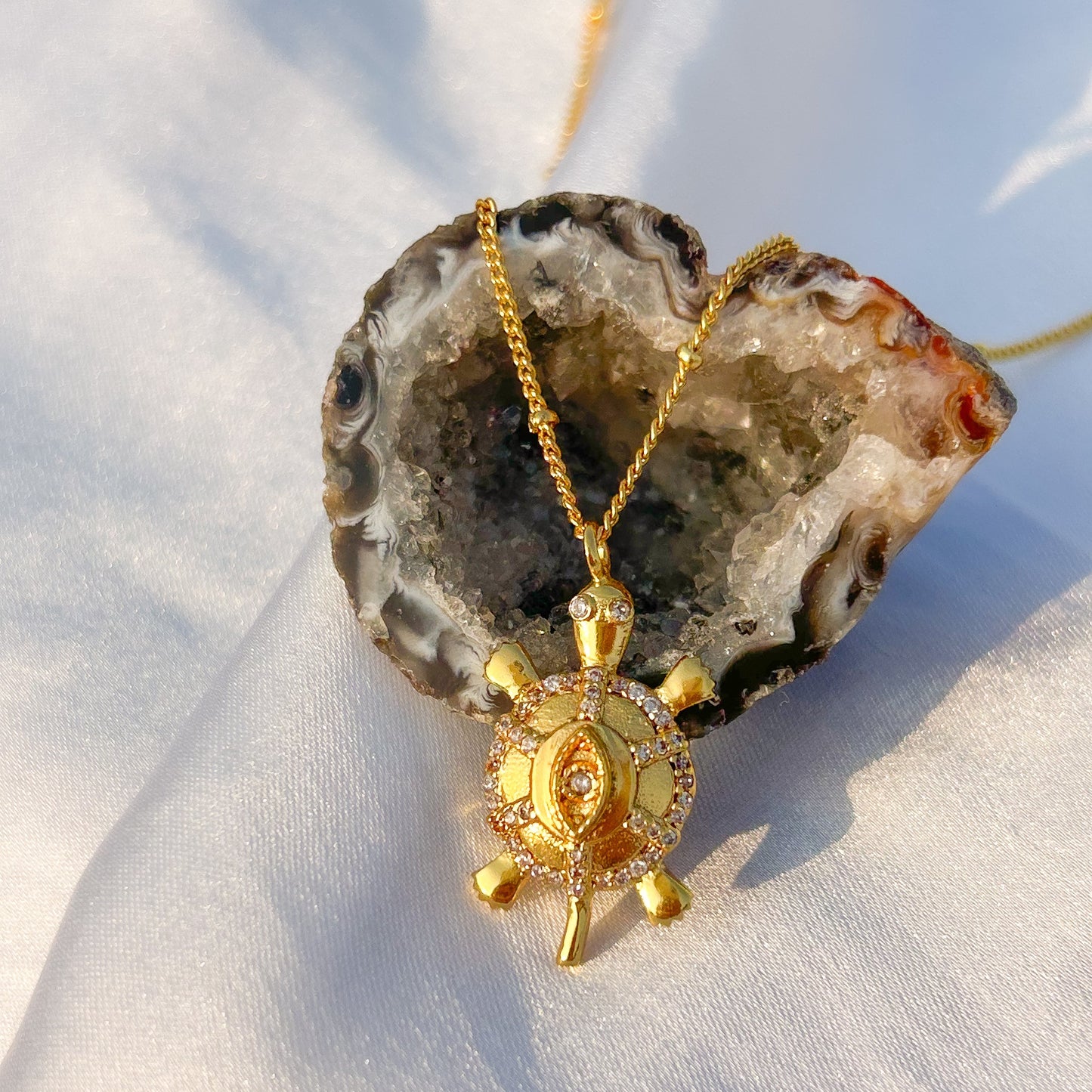 Evil Eye Turtle charm ball chain necklace with zircon gemstones in gold plated Brass