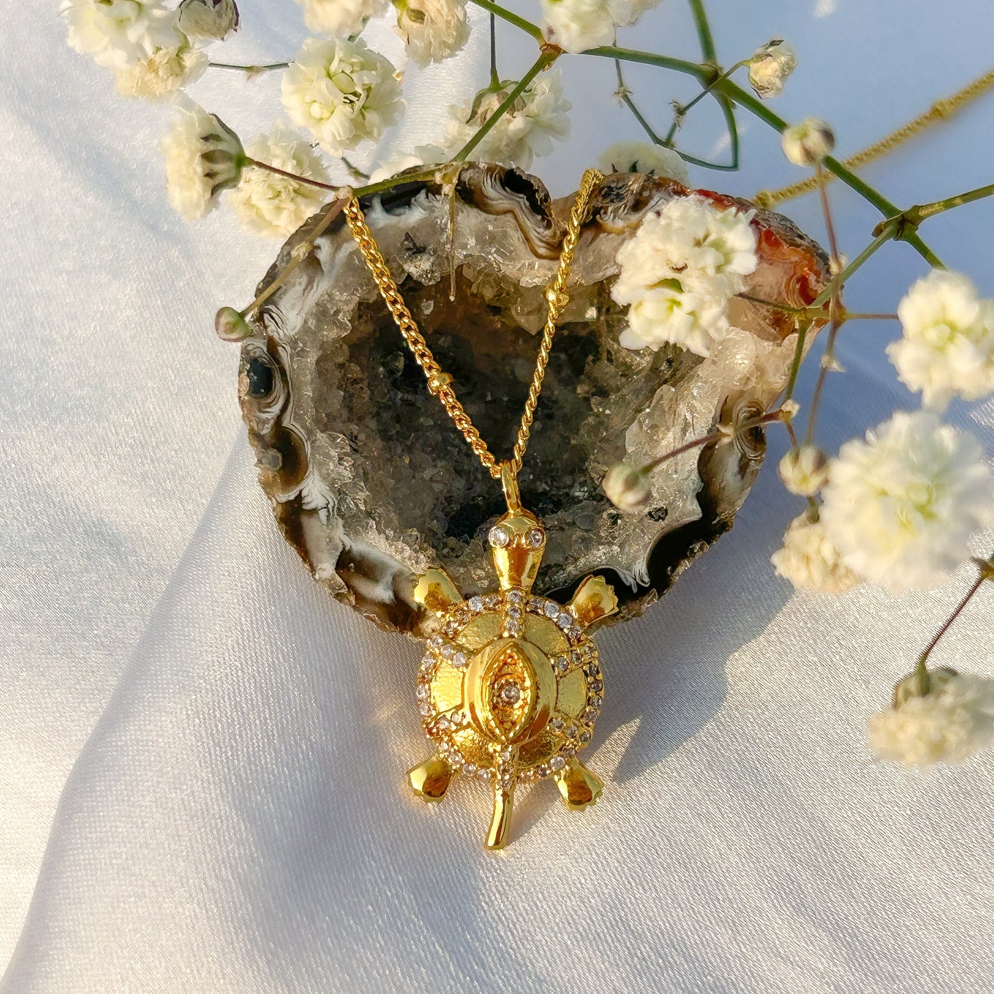Evil Eye Turtle charm ball chain necklace with zircon gemstones in gold plated Brass