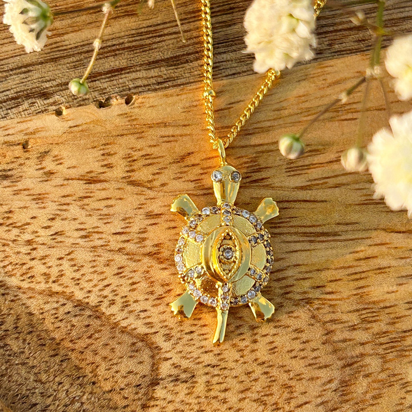 Evil Eye Turtle charm ball chain necklace with zircon gemstones in gold plated Brass
