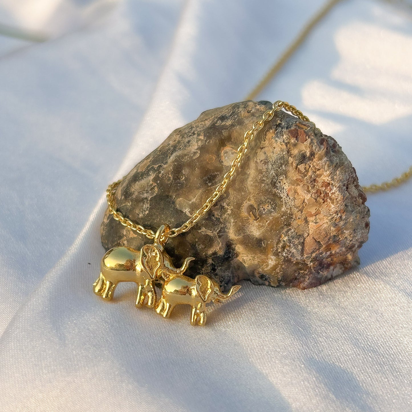 Elephant and Calf charm chain necklace in gold plated Brass