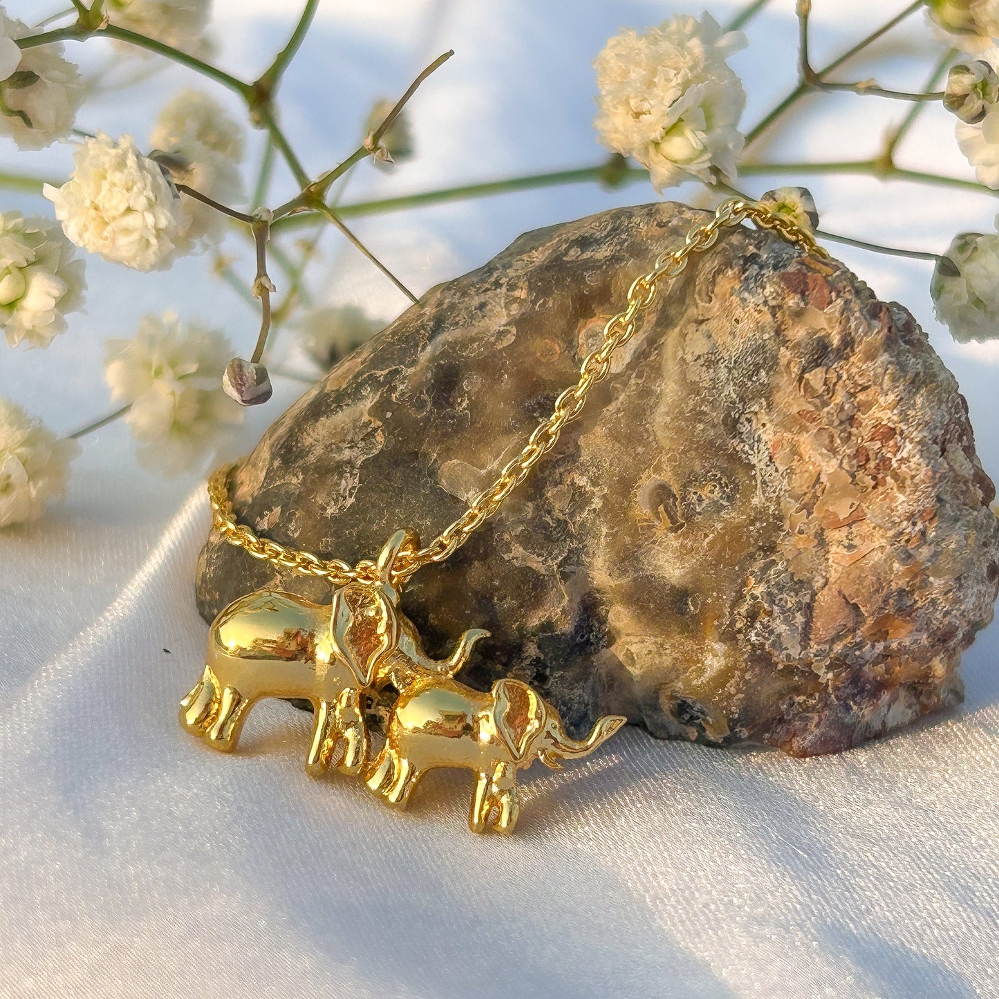 Elephant and Calf charm chain necklace in gold plated Brass