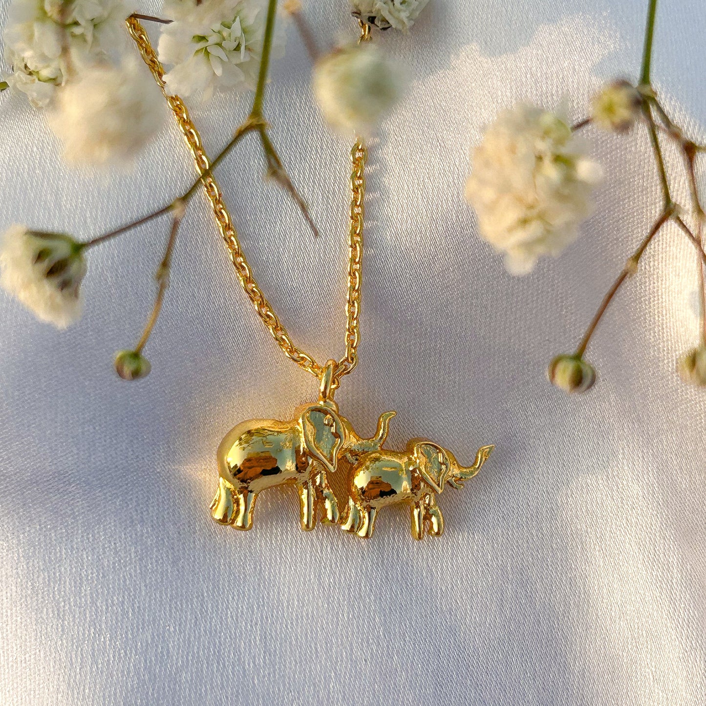 Elephant and Calf charm chain necklace in gold plated Brass