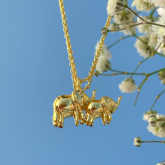 Elephant and Calf charm chain necklace in gold plated Brass