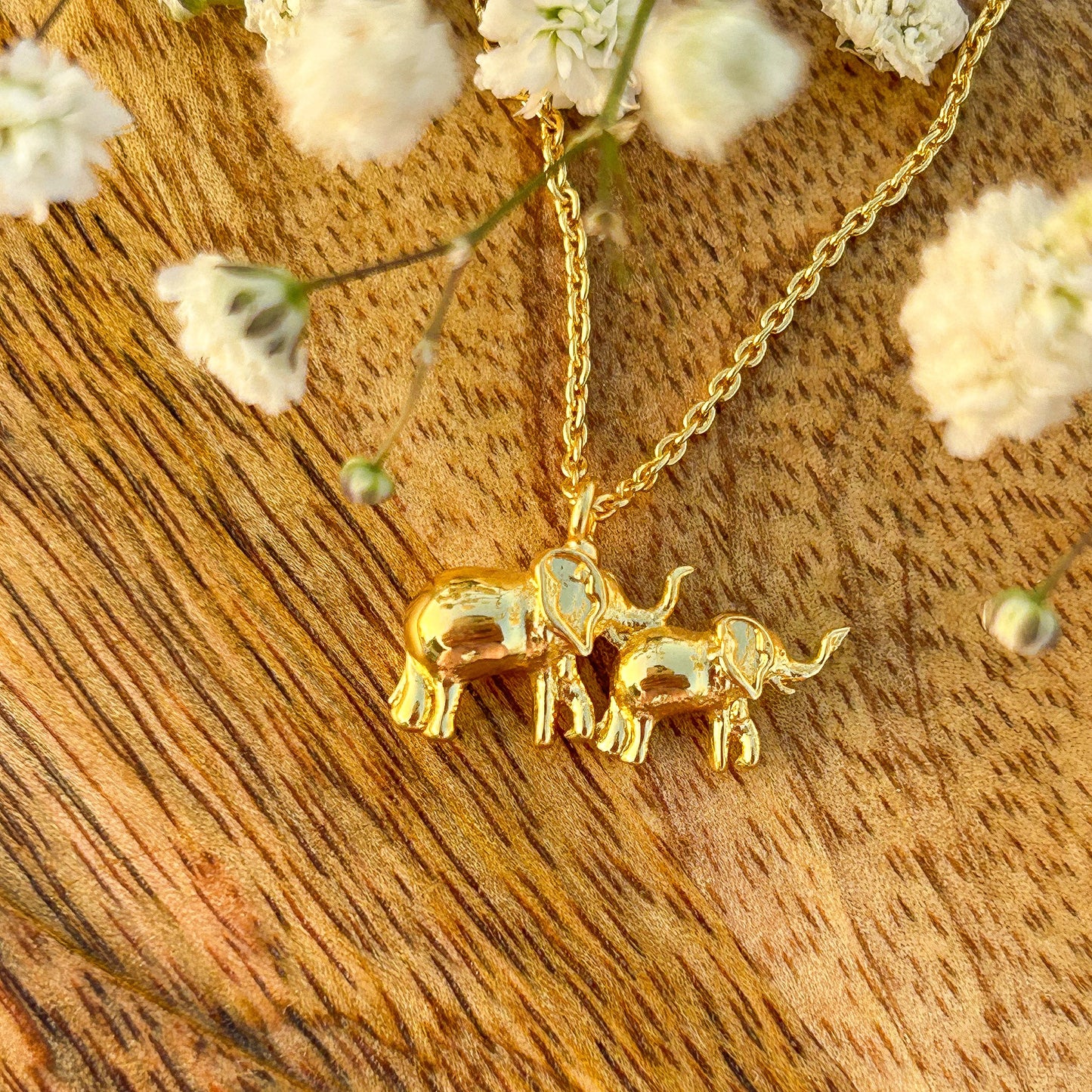 Elephant and Calf charm chain necklace in gold plated Brass