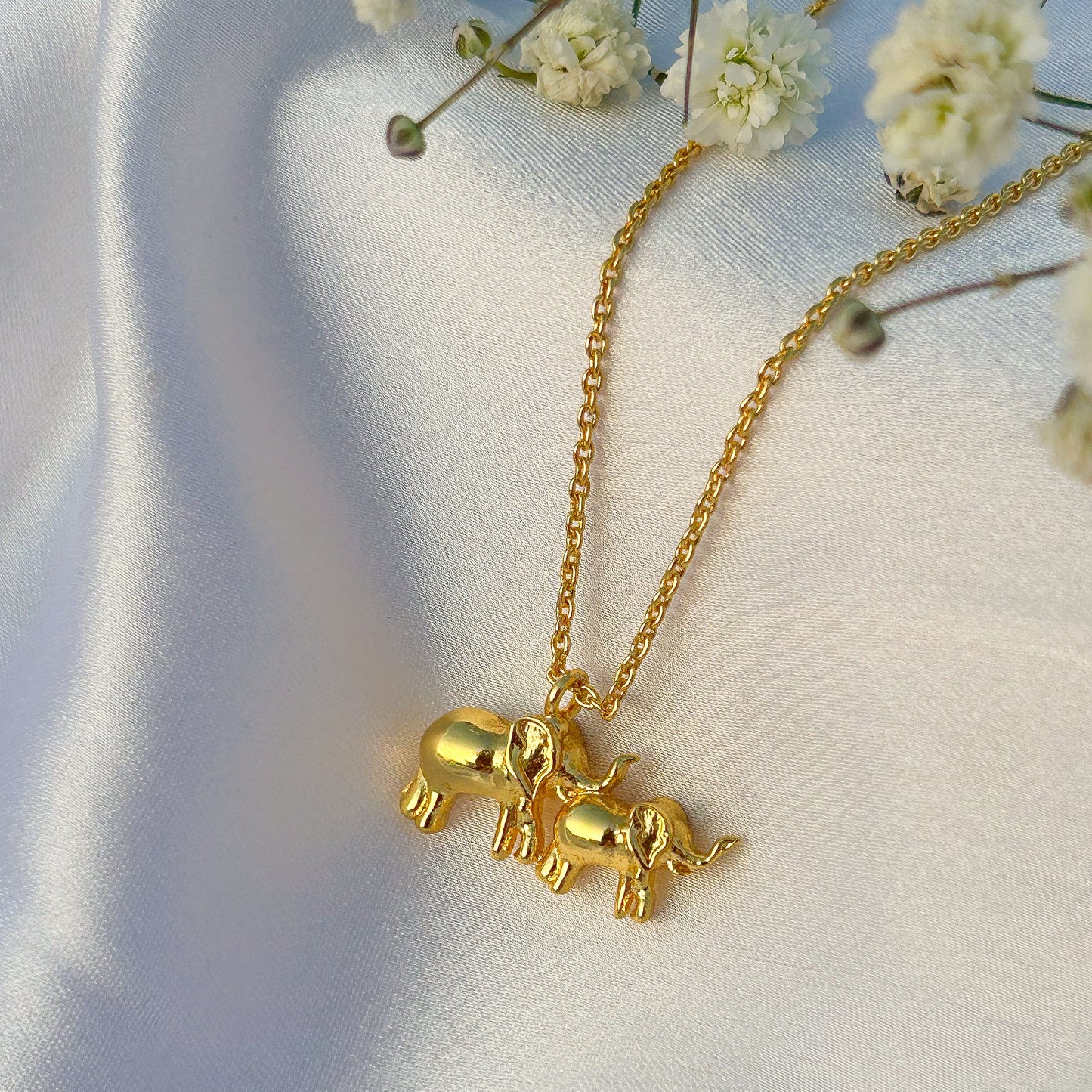 Elephant and Calf charm chain necklace in gold plated Brass