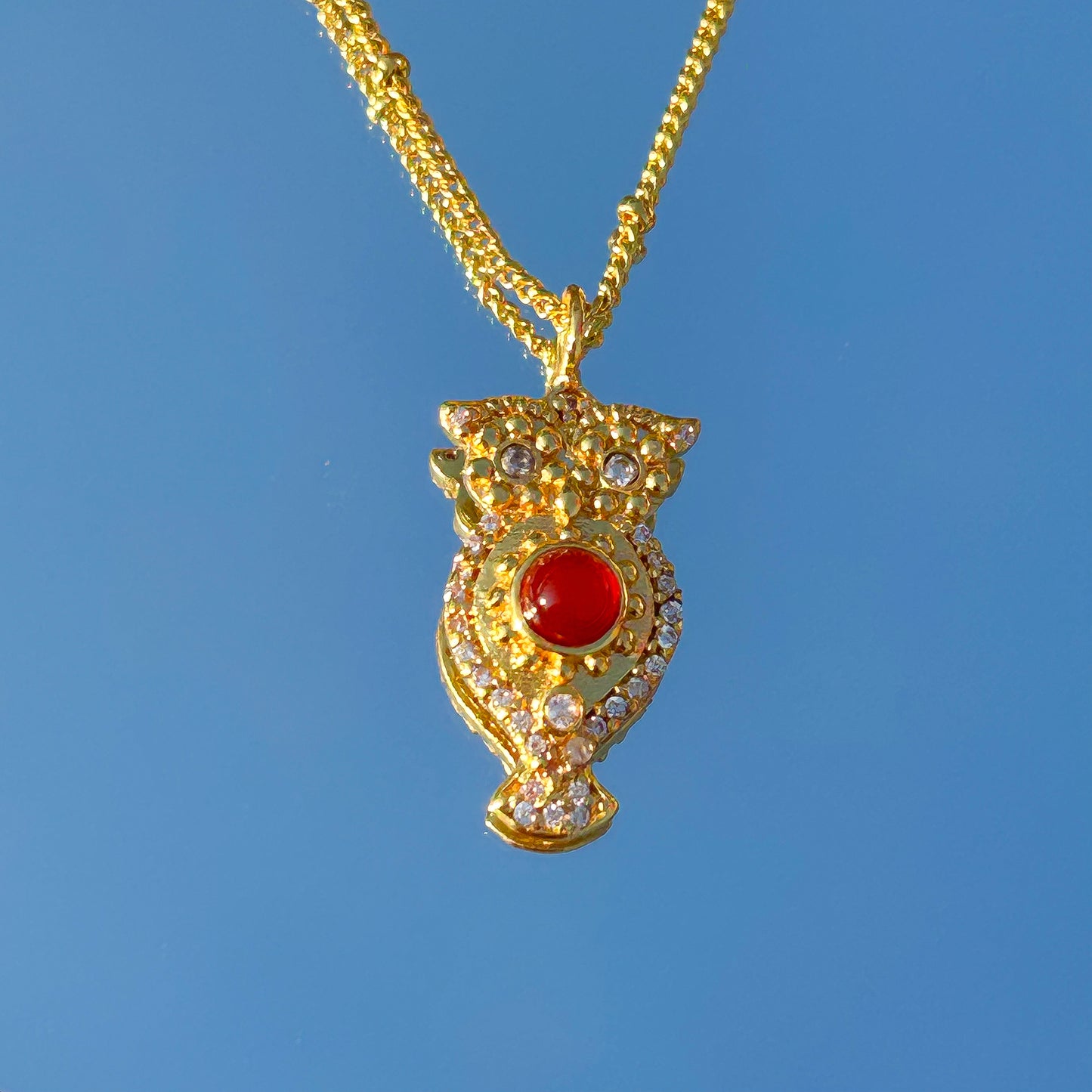 Owl charm ball chain necklace with Rainbow Moonstone, Amethyst and Garnet, Carnelian, Blue Topaz and Tourmaline gemstones