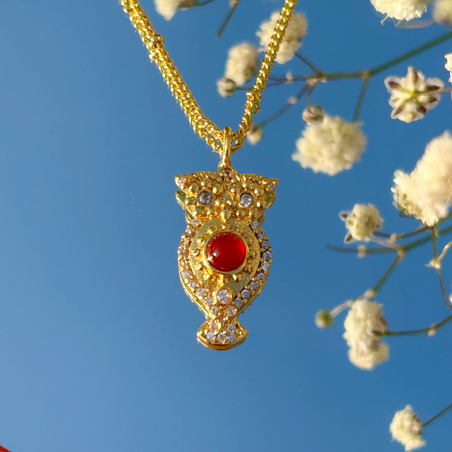 Owl charm ball chain necklace with Rainbow Moonstone, Amethyst and Garnet, Carnelian, Blue Topaz and Tourmaline gemstones