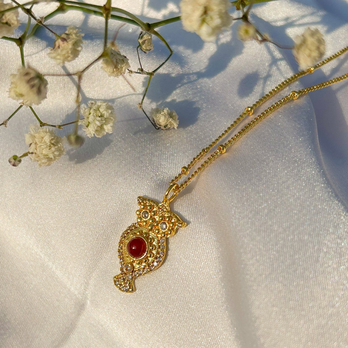 Owl charm ball chain necklace with Rainbow Moonstone, Amethyst and Garnet, Carnelian, Blue Topaz and Tourmaline gemstones