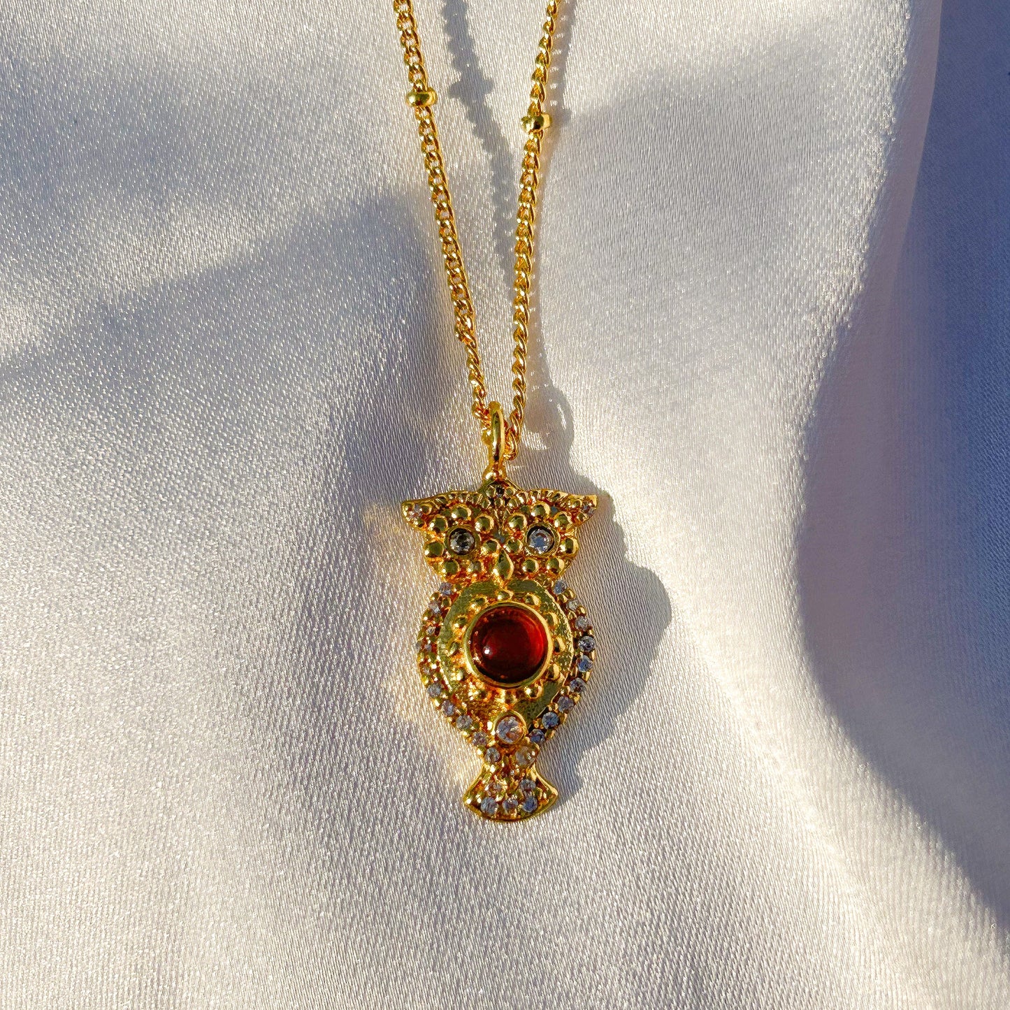 Owl charm ball chain necklace with Rainbow Moonstone, Amethyst and Garnet, Carnelian, Blue Topaz and Tourmaline gemstones