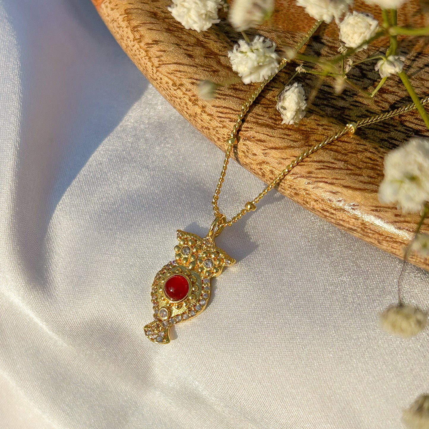 Owl charm ball chain necklace with Rainbow Moonstone, Amethyst and Garnet, Carnelian, Blue Topaz and Tourmaline gemstones
