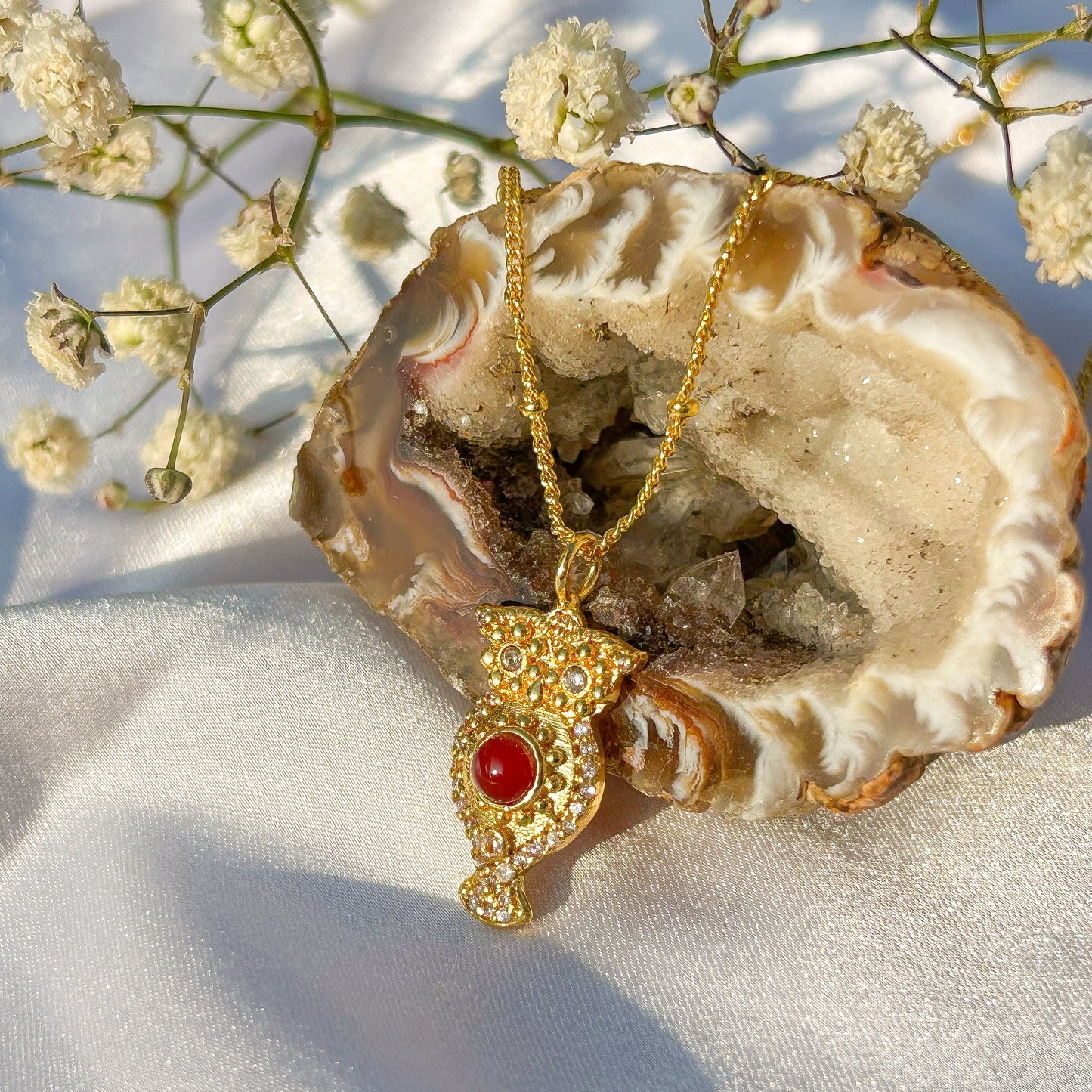 Owl charm ball chain necklace with Rainbow Moonstone, Amethyst and Garnet, Carnelian, Blue Topaz and Tourmaline gemstones