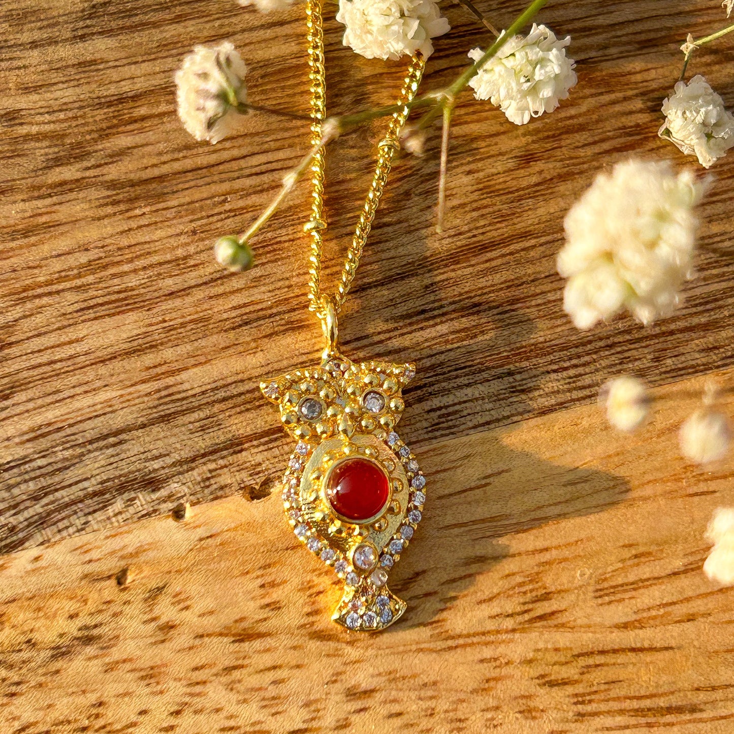 Owl charm ball chain necklace with Rainbow Moonstone, Amethyst and Garnet, Carnelian, Blue Topaz and Tourmaline gemstones
