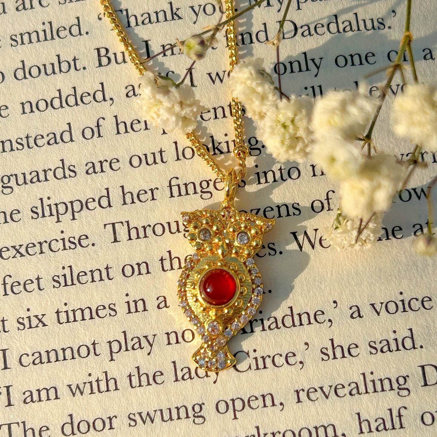 Owl charm ball chain necklace with Rainbow Moonstone, Amethyst and Garnet, Carnelian, Blue Topaz and Tourmaline gemstones