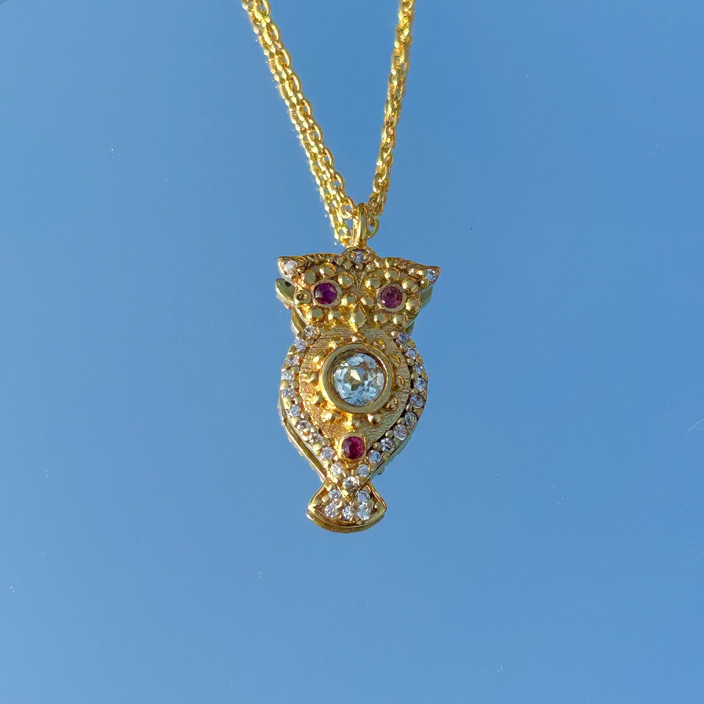 Owl charm ball chain necklace with Rainbow Moonstone, Amethyst and Garnet, Carnelian, Blue Topaz and Tourmaline gemstones