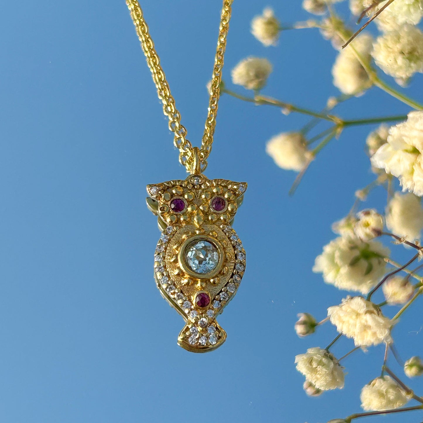 Owl charm ball chain necklace with Rainbow Moonstone, Amethyst and Garnet, Carnelian, Blue Topaz and Tourmaline gemstones