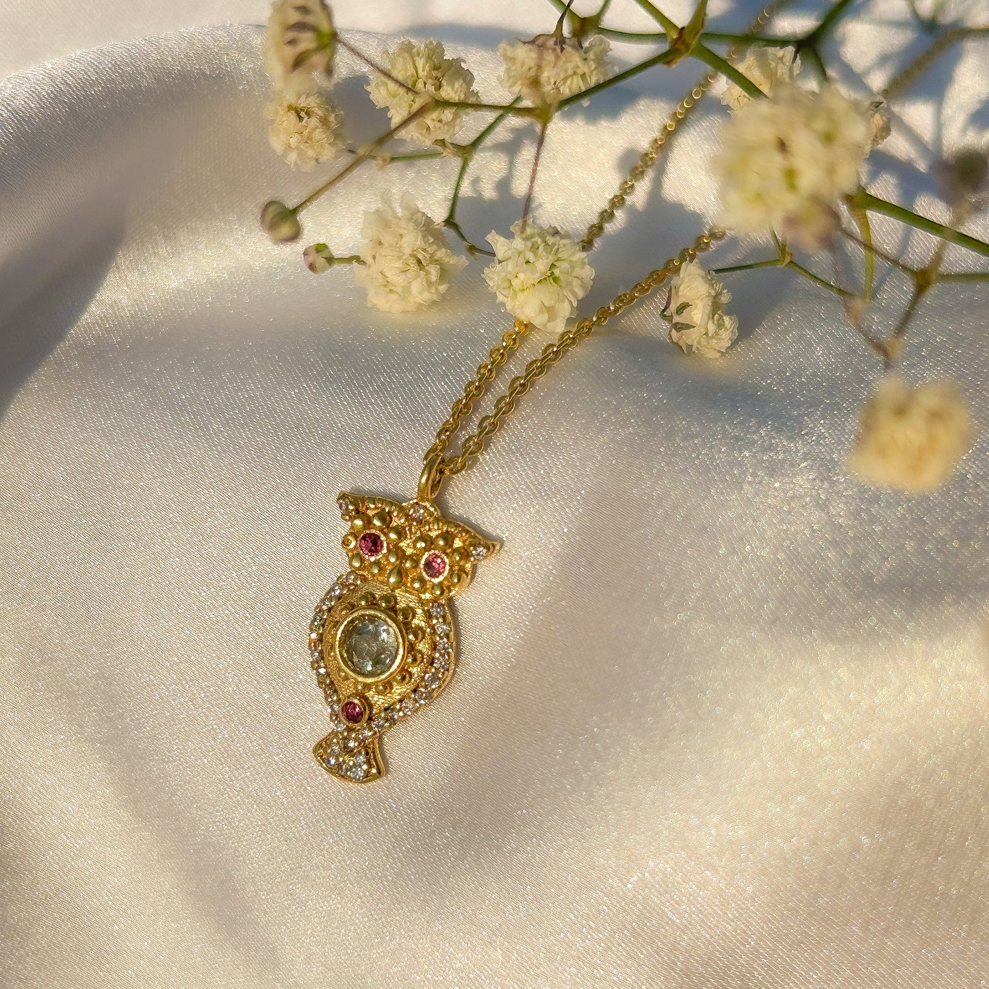 Owl charm ball chain necklace with Rainbow Moonstone, Amethyst and Garnet, Carnelian, Blue Topaz and Tourmaline gemstones