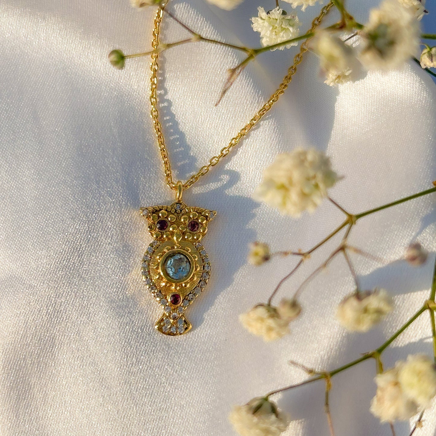 Owl charm ball chain necklace with Rainbow Moonstone, Amethyst and Garnet, Carnelian, Blue Topaz and Tourmaline gemstones
