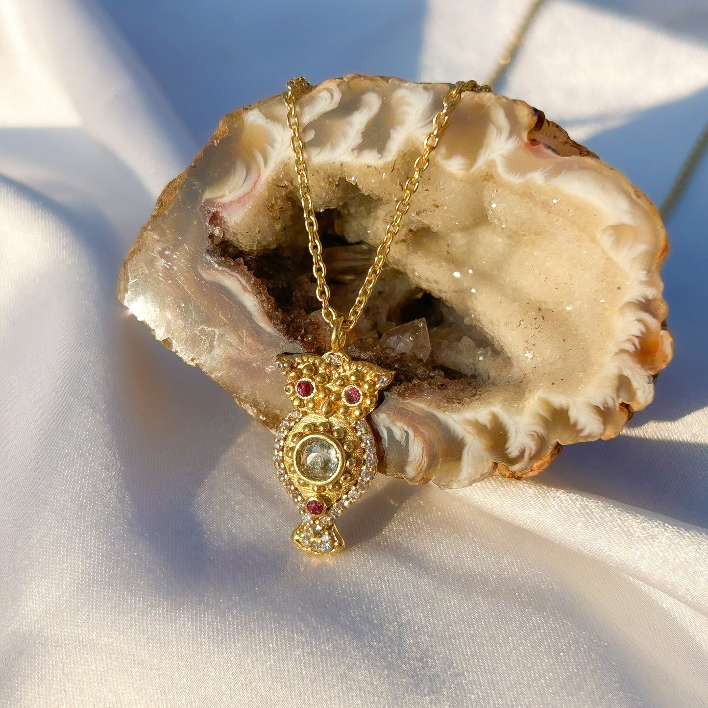 Owl charm ball chain necklace with Rainbow Moonstone, Amethyst and Garnet, Carnelian, Blue Topaz and Tourmaline gemstones