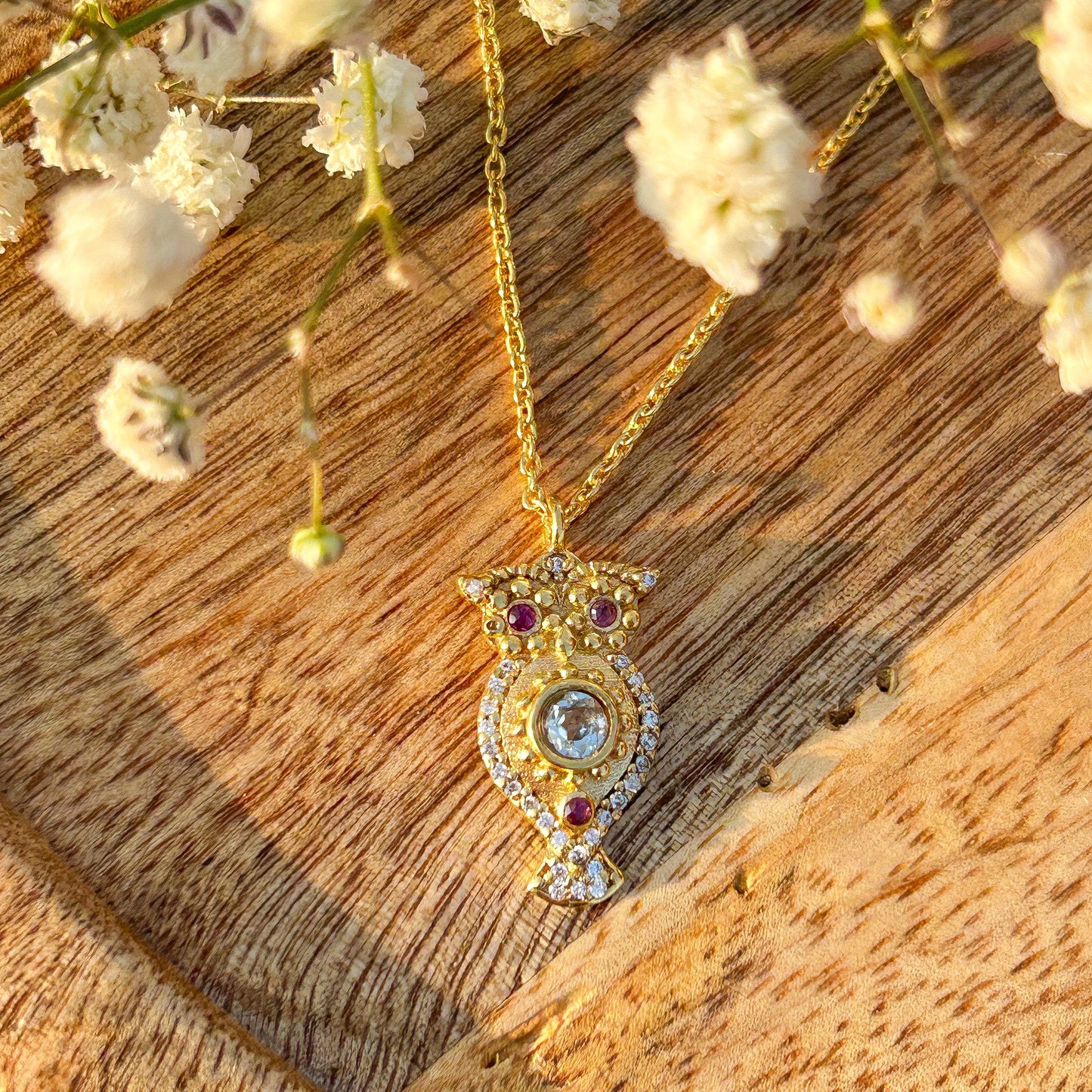 Owl charm ball chain necklace with Rainbow Moonstone, Amethyst and Garnet, Carnelian, Blue Topaz and Tourmaline gemstones