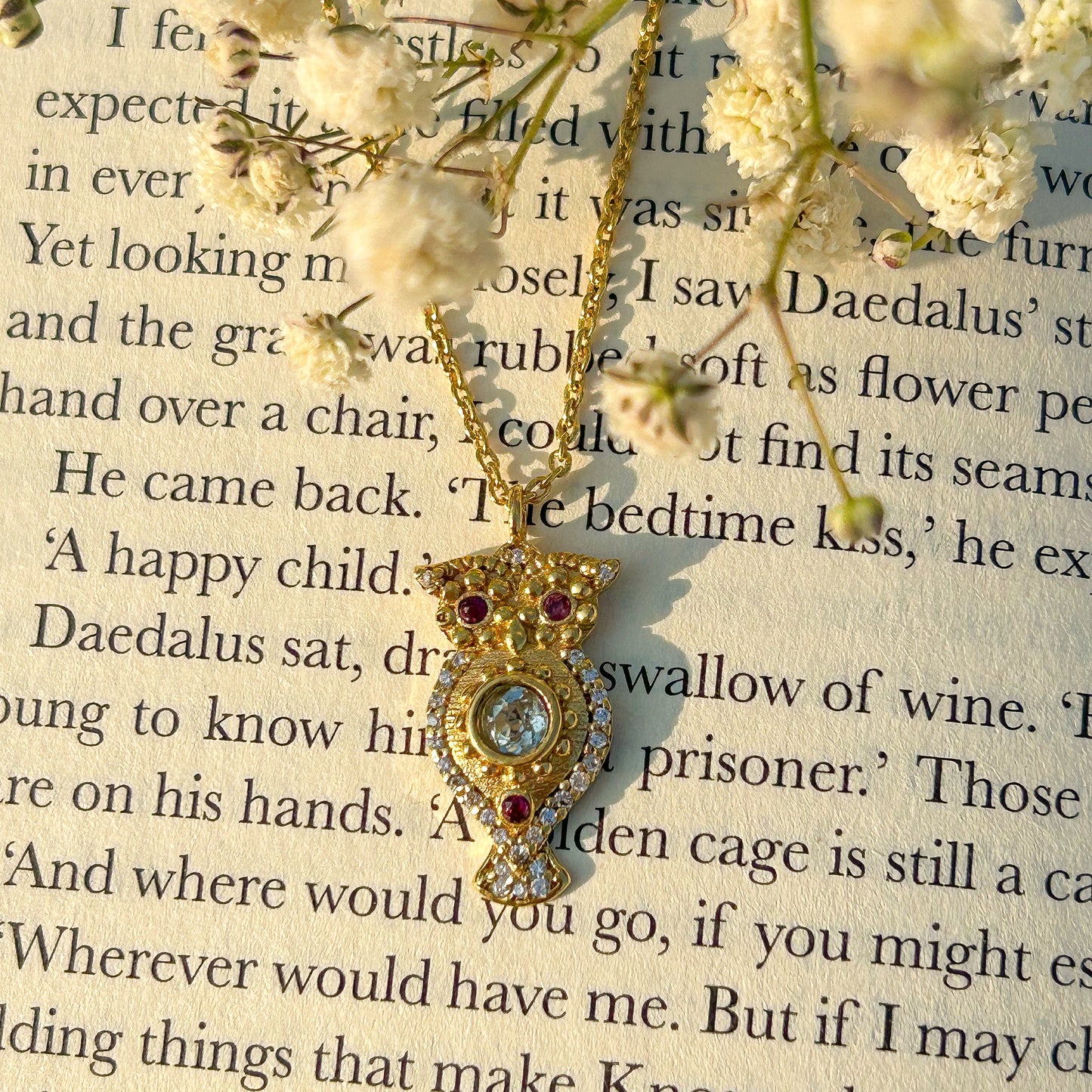 Owl charm ball chain necklace with Rainbow Moonstone, Amethyst and Garnet, Carnelian, Blue Topaz and Tourmaline gemstones