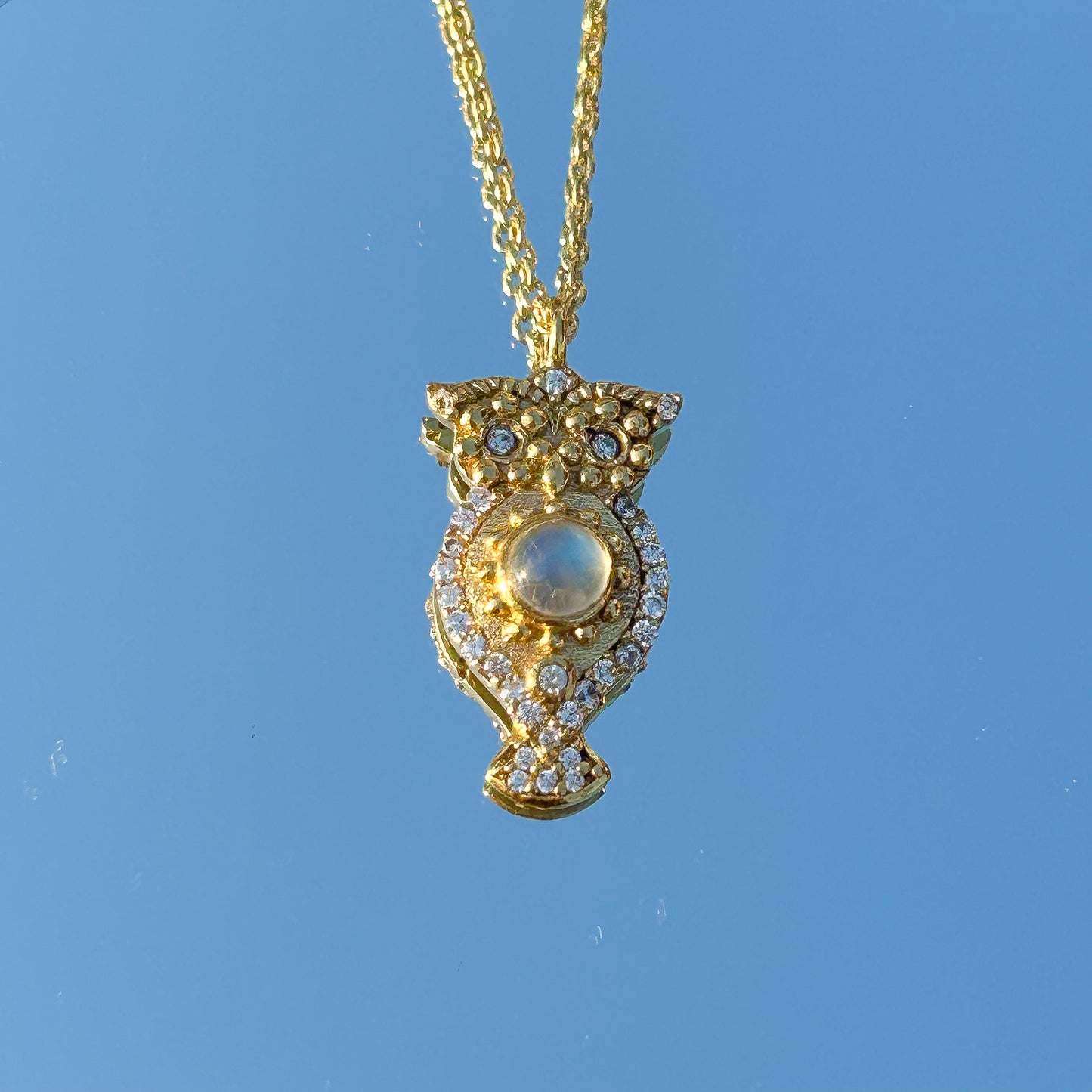 Owl charm ball chain necklace with Rainbow Moonstone, Amethyst and Garnet, Carnelian, Blue Topaz and Tourmaline gemstones