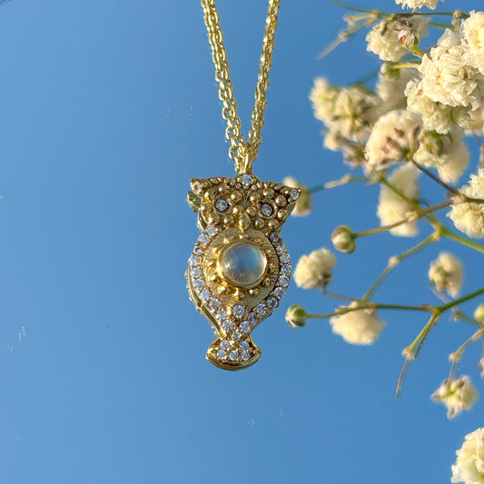 Owl charm ball chain necklace with Rainbow Moonstone, Amethyst and Garnet, Carnelian, Blue Topaz and Tourmaline gemstones
