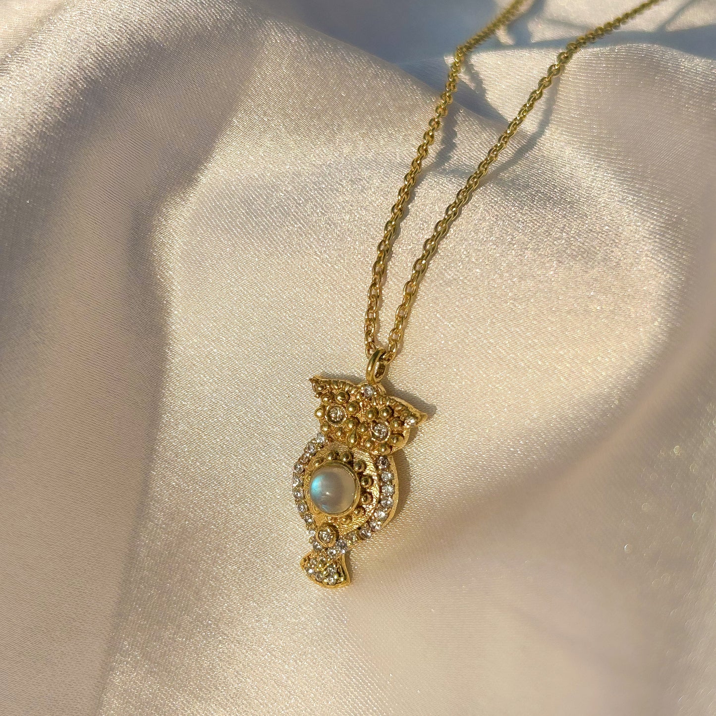Owl charm ball chain necklace with Rainbow Moonstone, Amethyst and Garnet, Carnelian, Blue Topaz and Tourmaline gemstones
