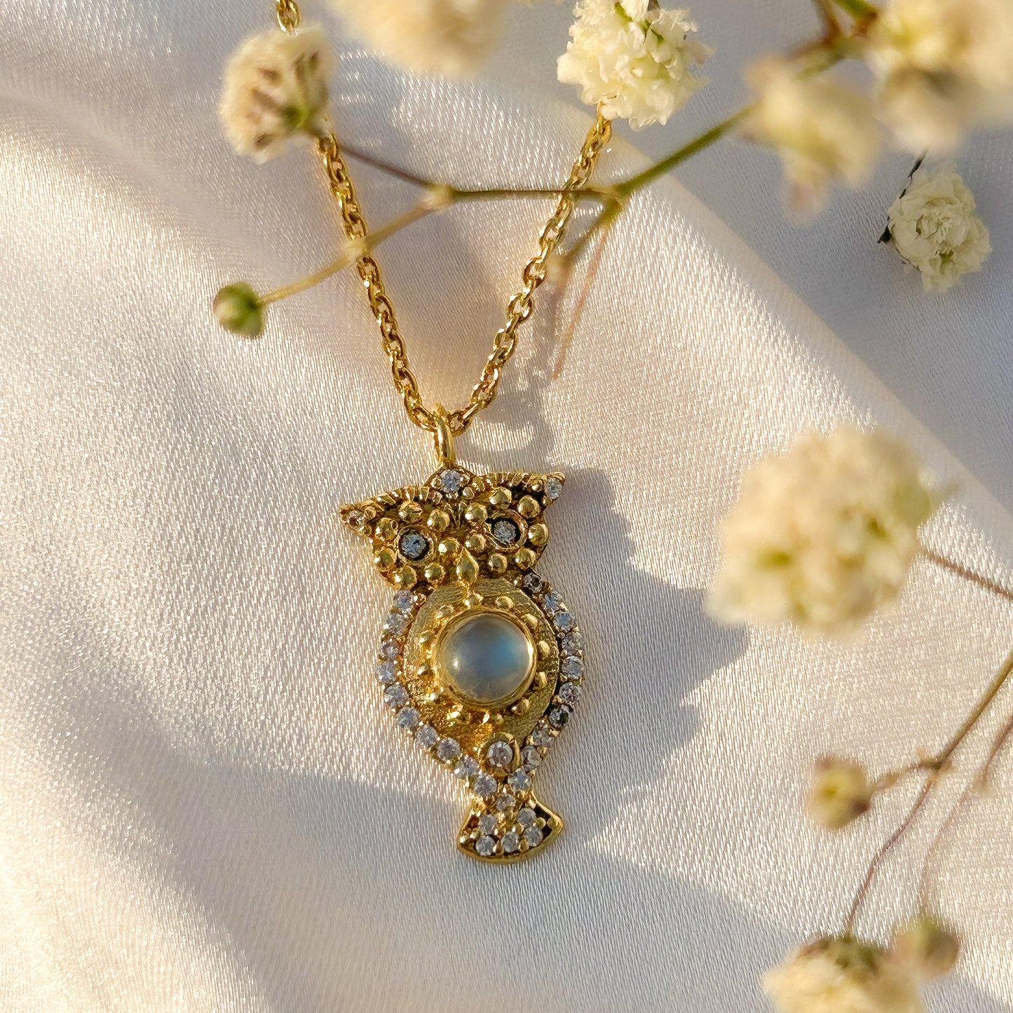 Owl charm ball chain necklace with Rainbow Moonstone, Amethyst and Garnet, Carnelian, Blue Topaz and Tourmaline gemstones