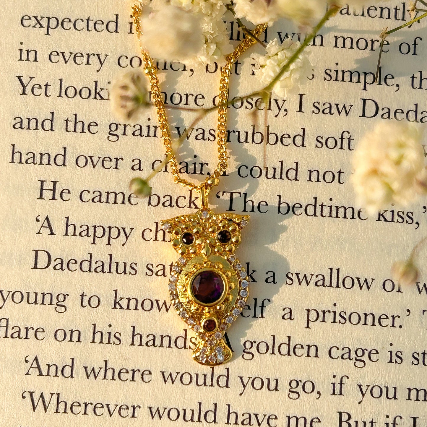 Owl charm ball chain necklace with Rainbow Moonstone, Amethyst and Garnet, Carnelian, Blue Topaz and Tourmaline gemstones