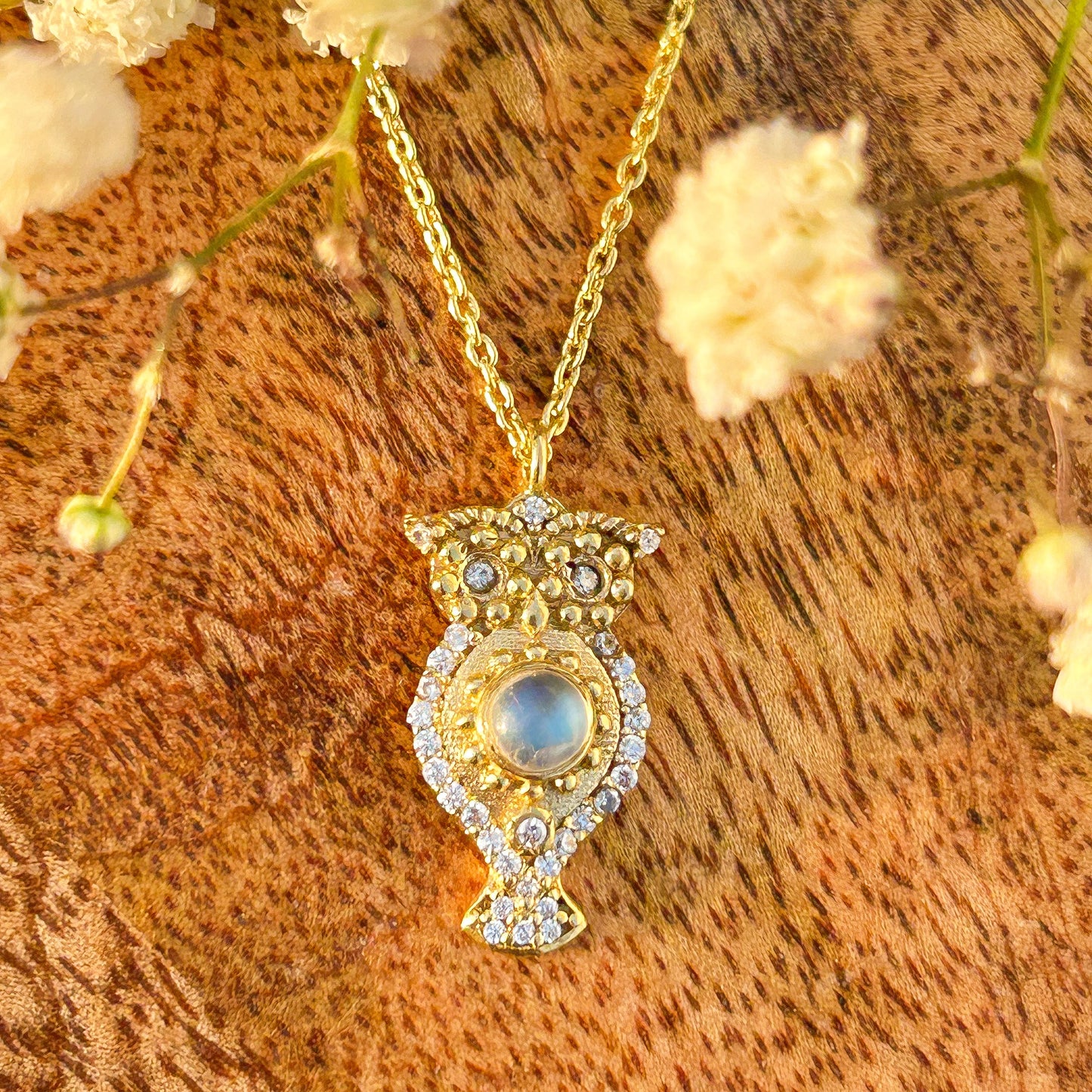 Owl charm ball chain necklace with Rainbow Moonstone, Amethyst and Garnet, Carnelian, Blue Topaz and Tourmaline gemstones