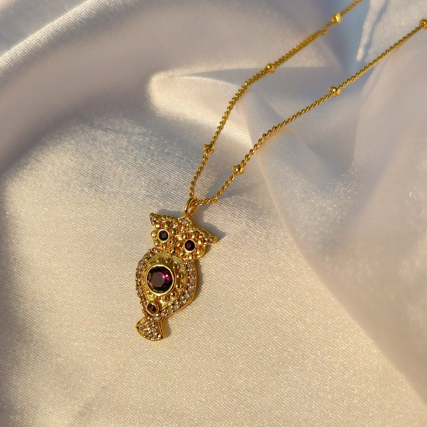 Owl charm ball chain necklace with Rainbow Moonstone, Amethyst and Garnet, Carnelian, Blue Topaz and Tourmaline gemstones