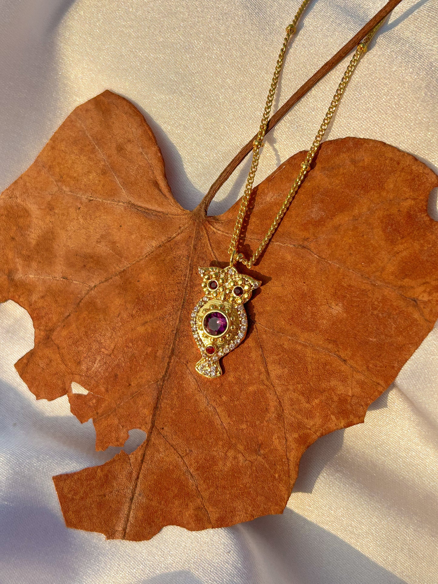 Owl charm ball chain necklace with Rainbow Moonstone, Amethyst and Garnet, Carnelian, Blue Topaz and Tourmaline gemstones