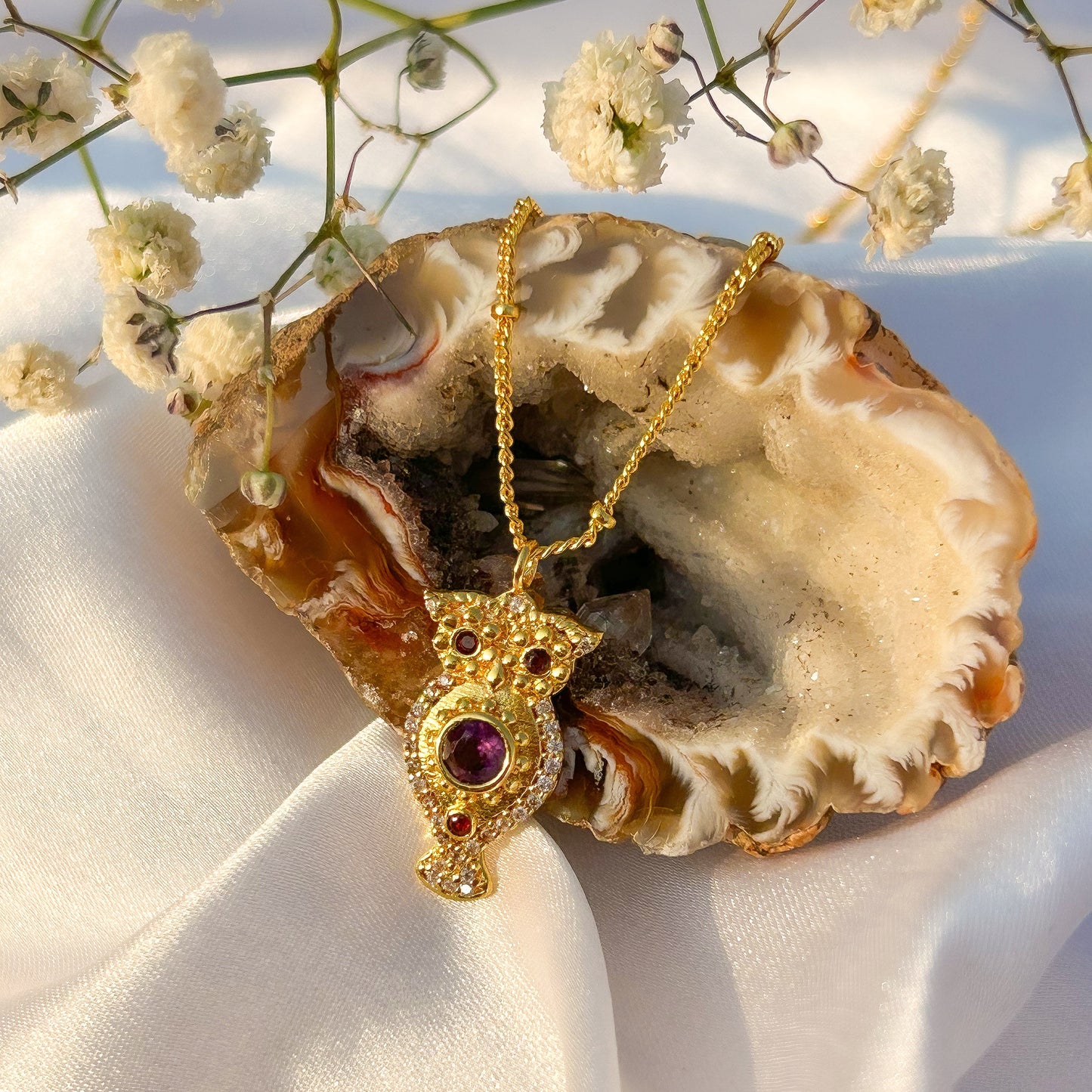 Owl charm ball chain necklace with Rainbow Moonstone, Amethyst and Garnet, Carnelian, Blue Topaz and Tourmaline gemstones