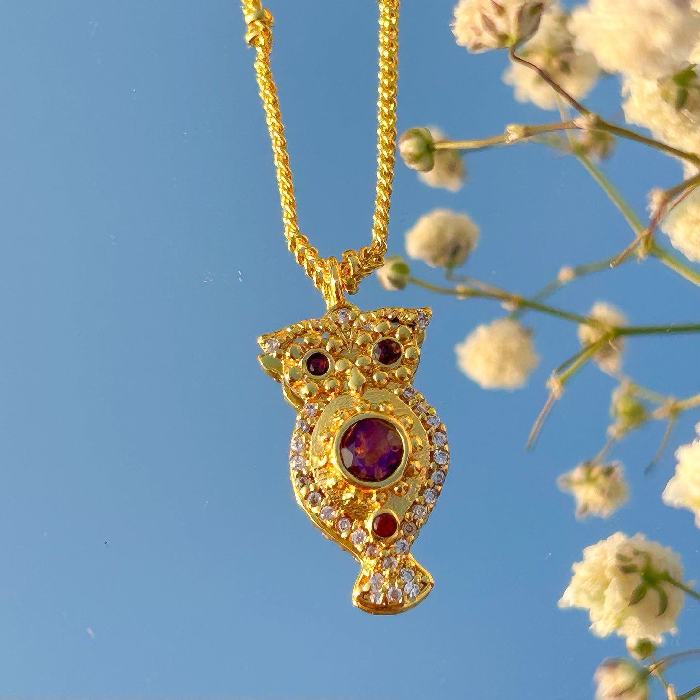 Owl charm ball chain necklace with Rainbow Moonstone, Amethyst and Garnet, Carnelian, Blue Topaz and Tourmaline gemstones