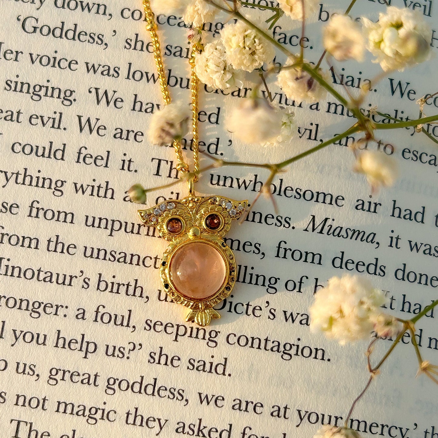 Owl charm ball chain necklace with rose quartz, carnelian, tourmaline and zircon gemstones