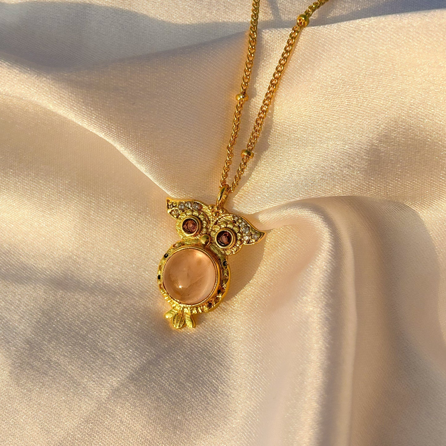 Owl charm ball chain necklace with rose quartz, carnelian, tourmaline and zircon gemstones