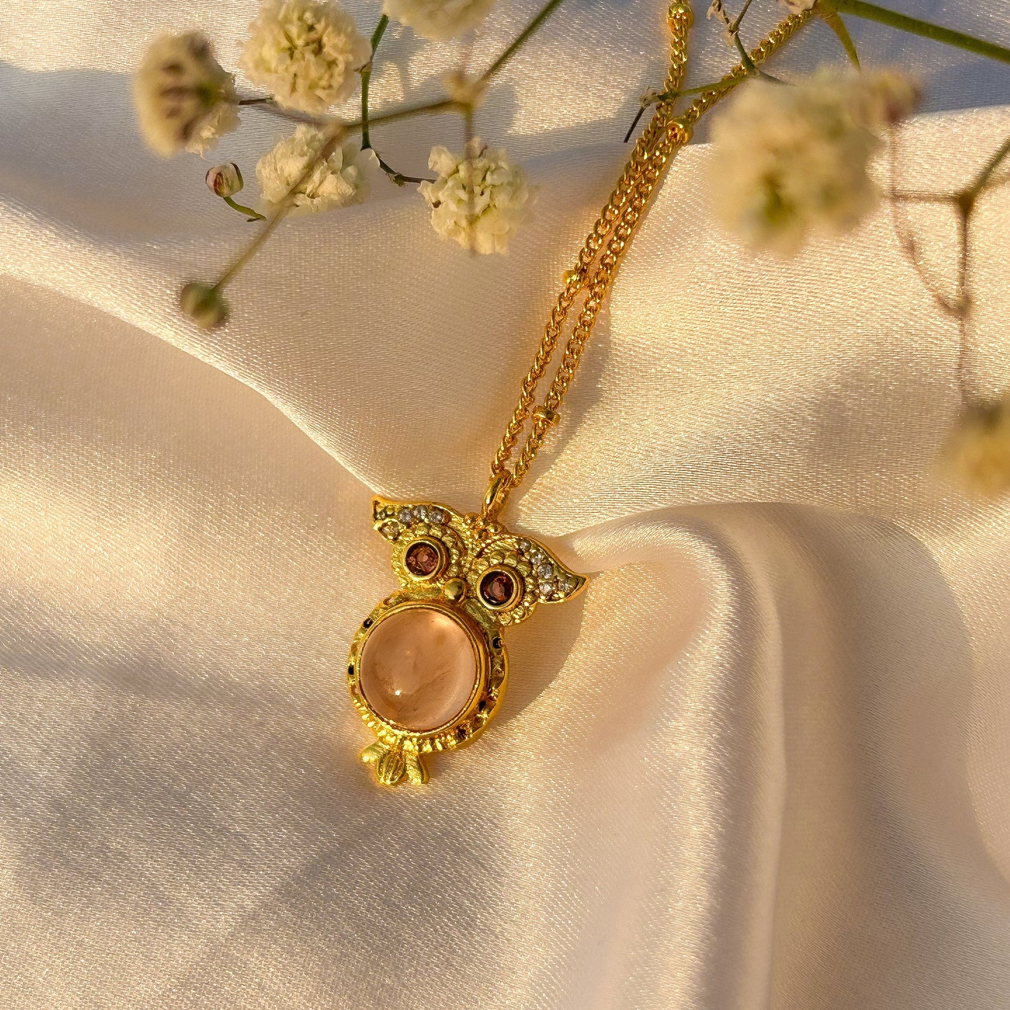Owl charm ball chain necklace with rose quartz, carnelian, tourmaline and zircon gemstones