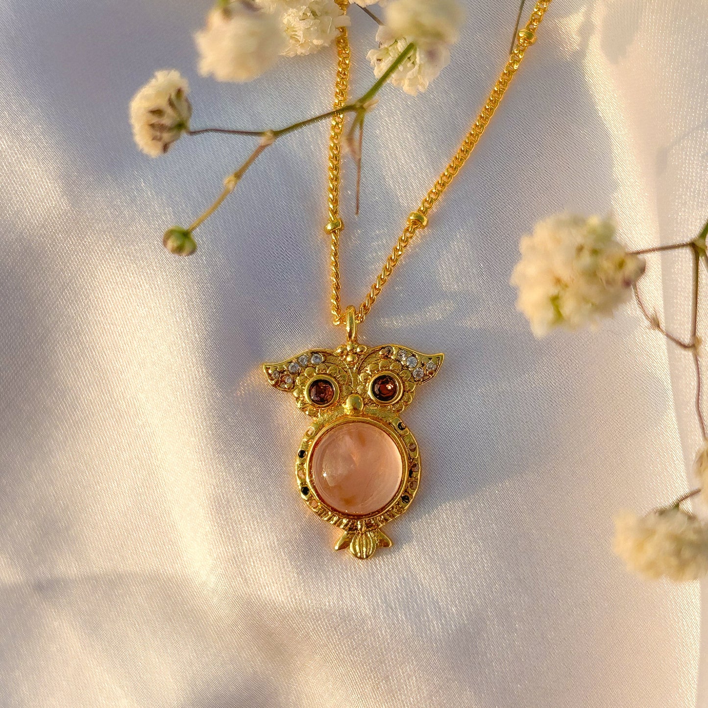 Owl charm ball chain necklace with rose quartz, carnelian, tourmaline and zircon gemstones