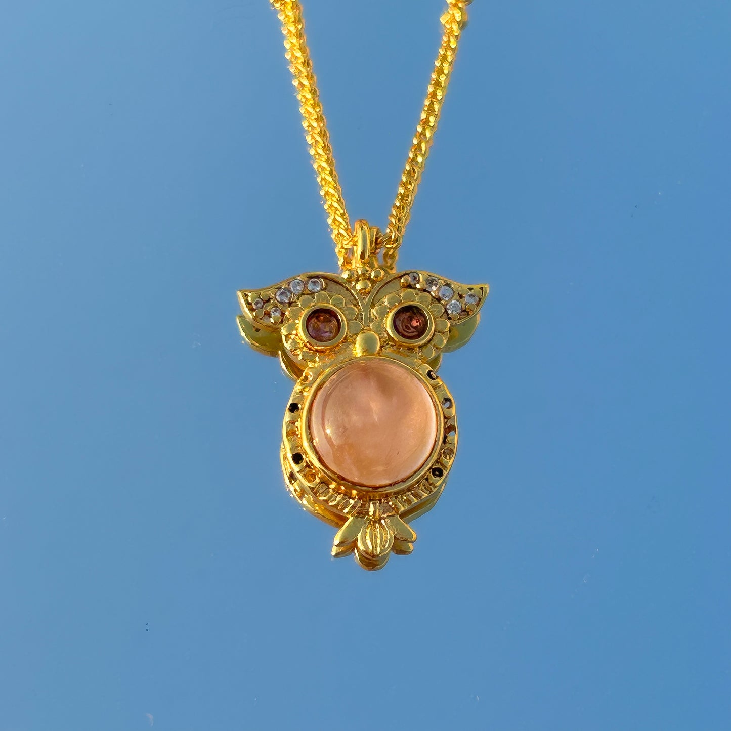 Owl charm ball chain necklace with rose quartz, carnelian, tourmaline and zircon gemstones