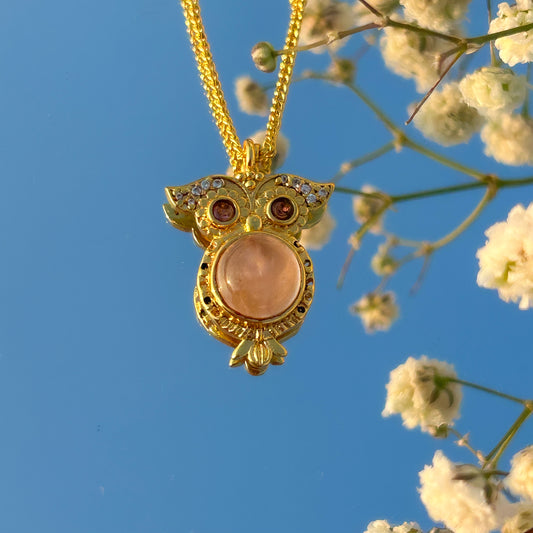 Owl charm ball chain necklace with rose quartz, carnelian, tourmaline and zircon gemstones