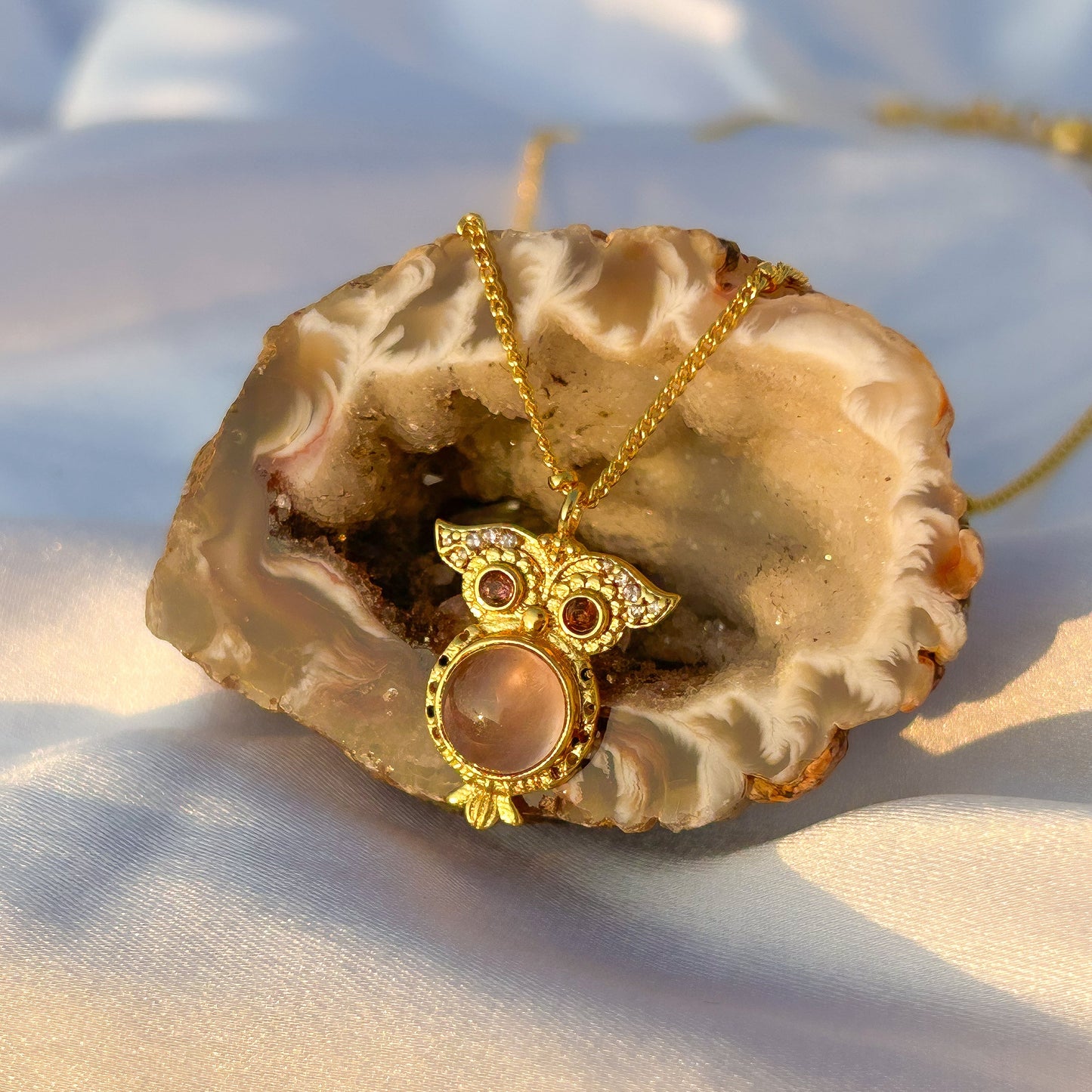 Owl charm ball chain necklace with rose quartz, carnelian, tourmaline and zircon gemstones