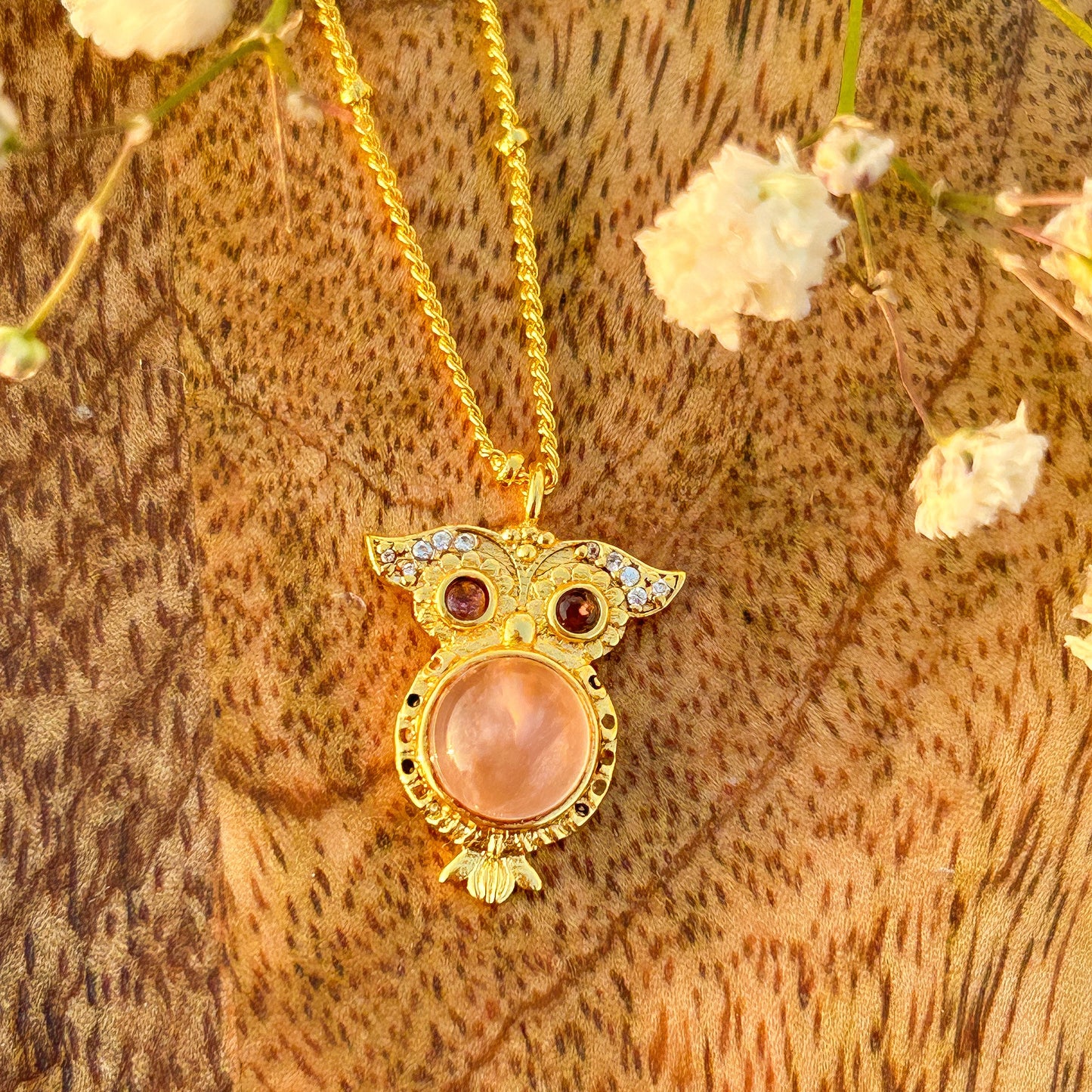 Owl charm ball chain necklace with rose quartz, carnelian, tourmaline and zircon gemstones