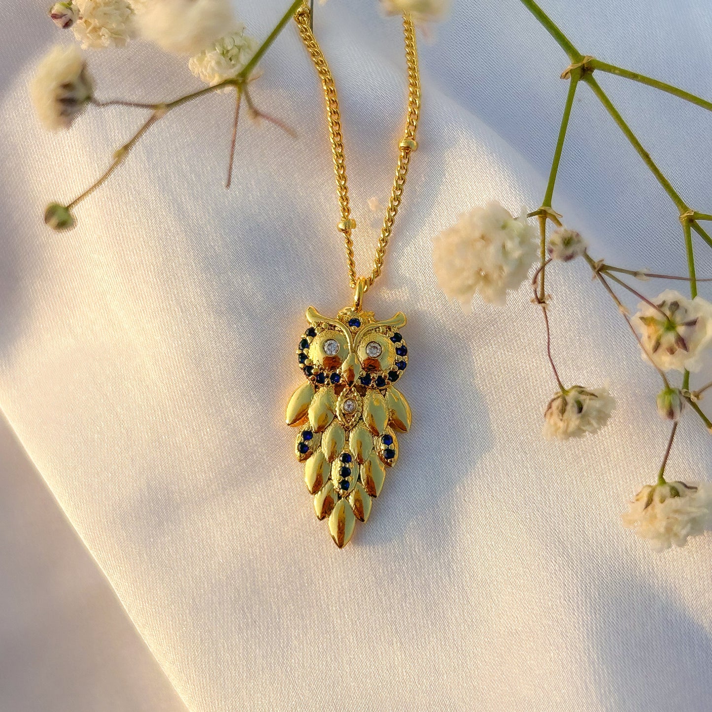 Owl charm ball chain necklace with blue zircon gemstone