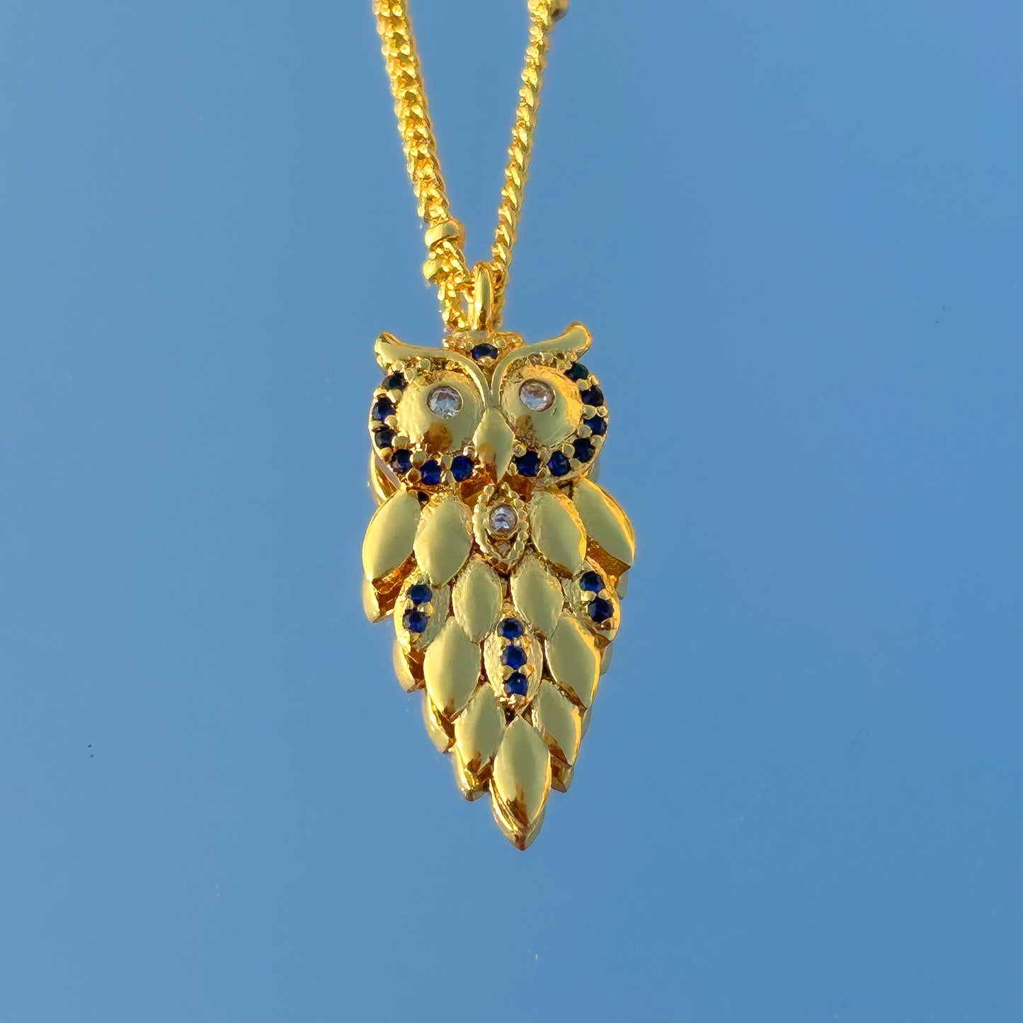 Owl charm ball chain necklace with blue zircon gemstone